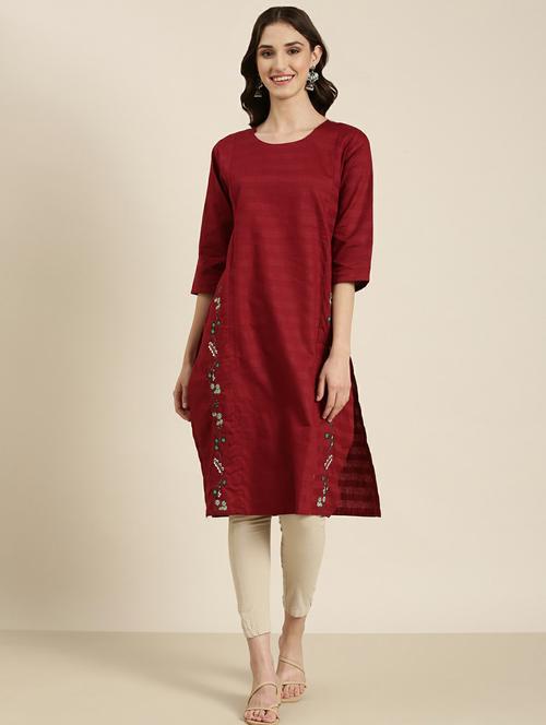 women's maroon round neck straight kurta - 20252260 -  Standard Image - 0
