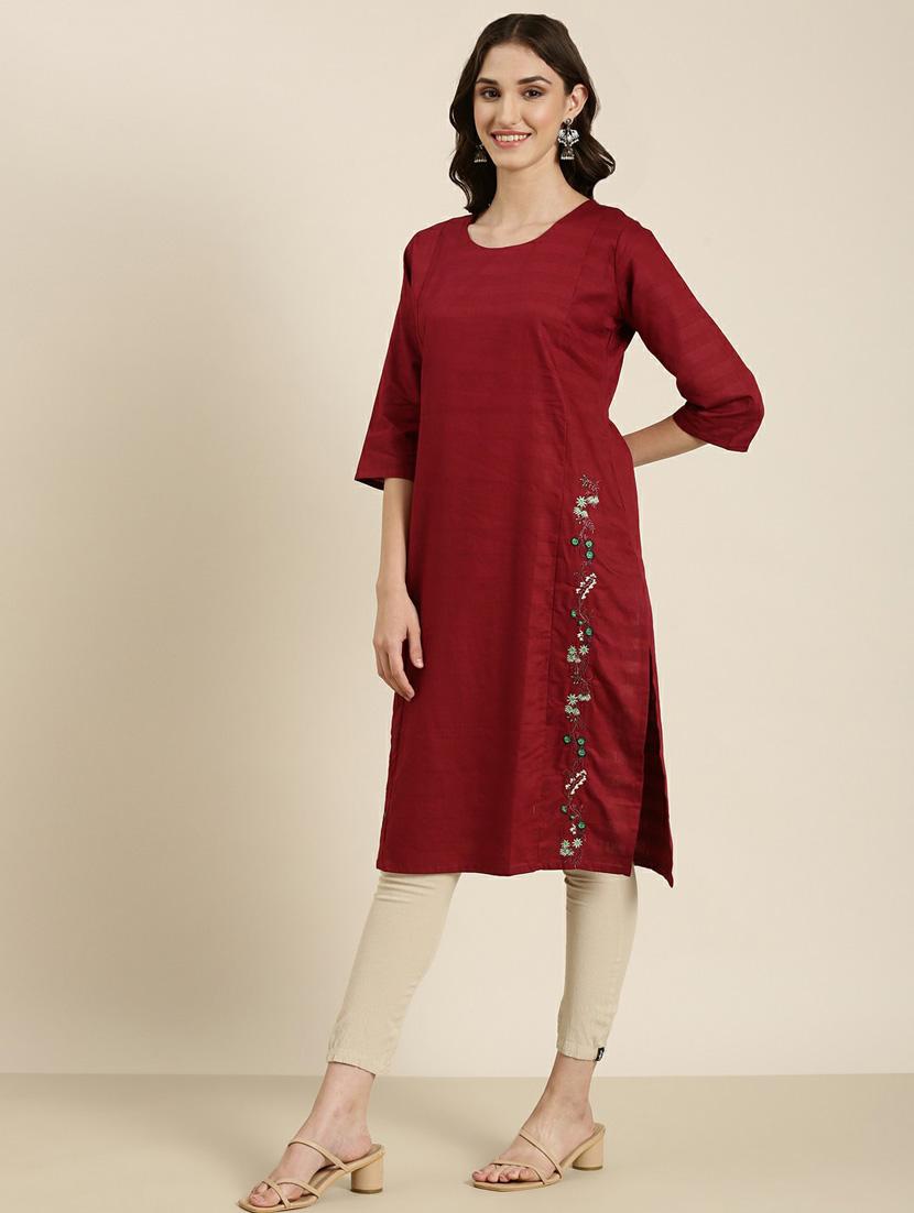 women's maroon round neck straight kurta - 20252260 - Standard Image - 1