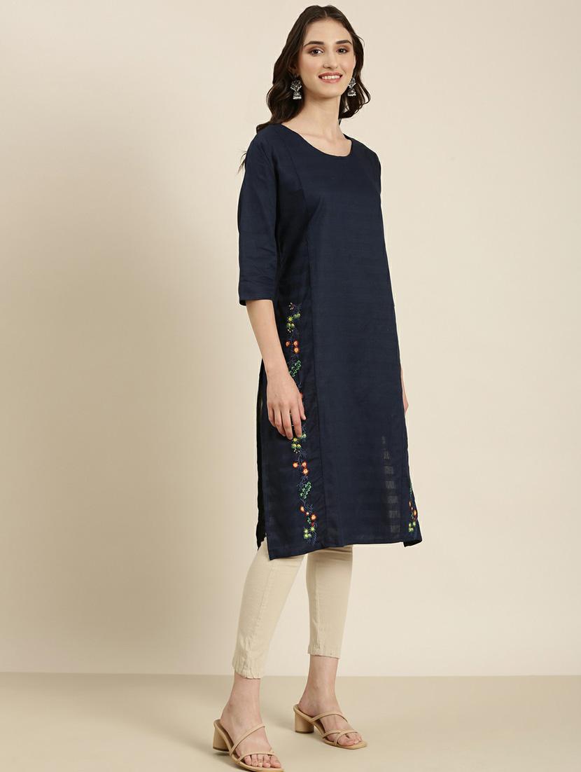 navy cotton straight kurta - 20252261 -  Standard Image - 1