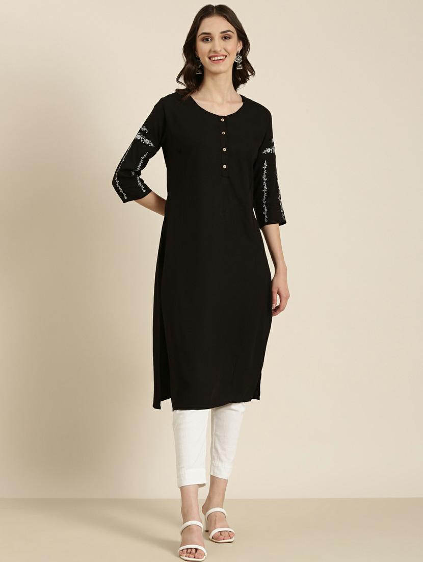 women's black round neck straight kurta