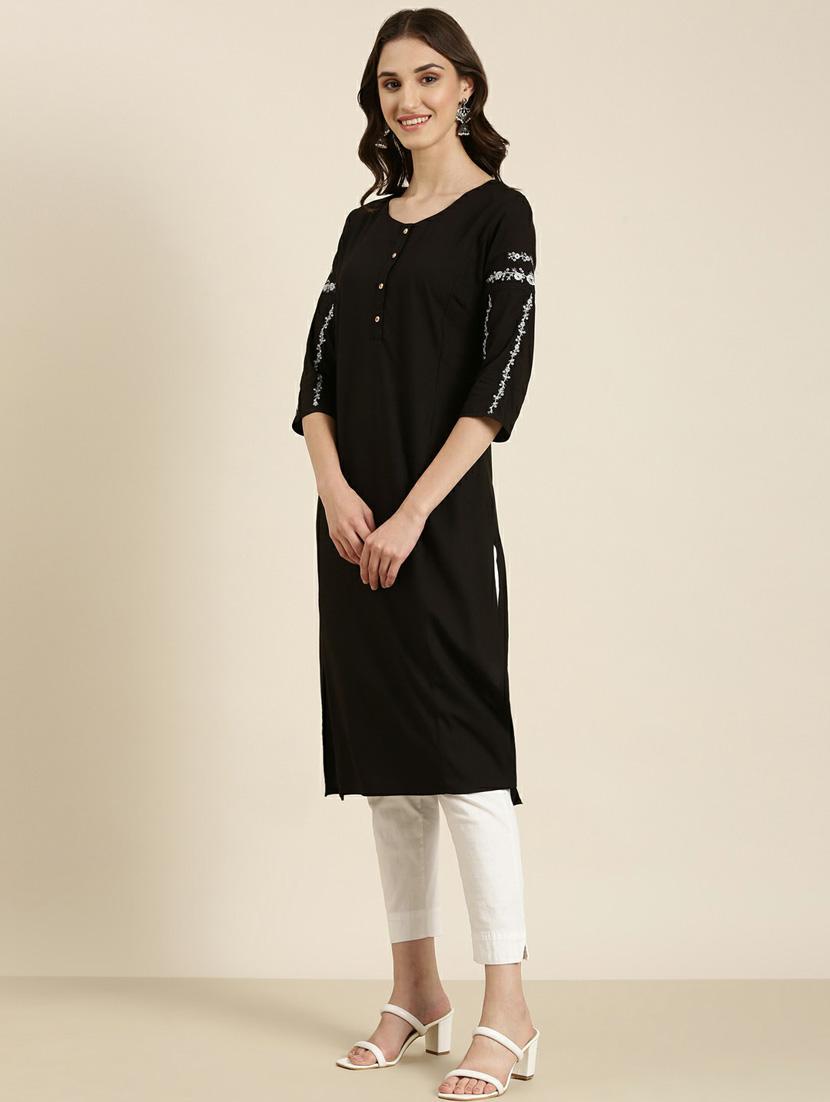 women's black round neck straight kurta - 20252262 -  Standard Image - 1