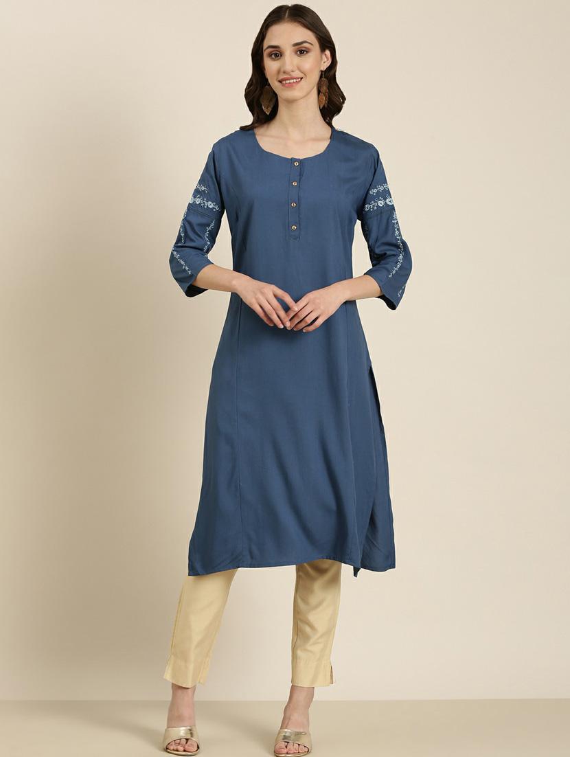 women's blue round neck straight kurta - 20252263 - Zoom Image - 0