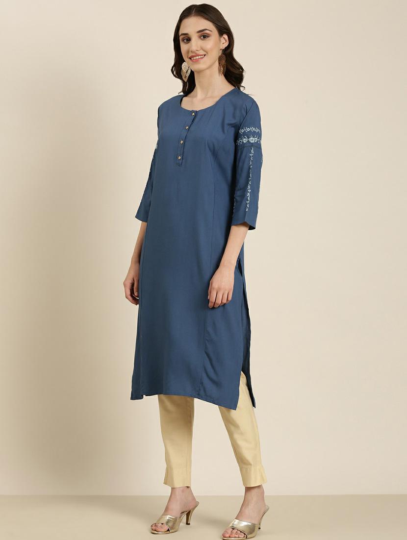 women's blue round neck straight kurta - 20252263 - Standard Image - 1
