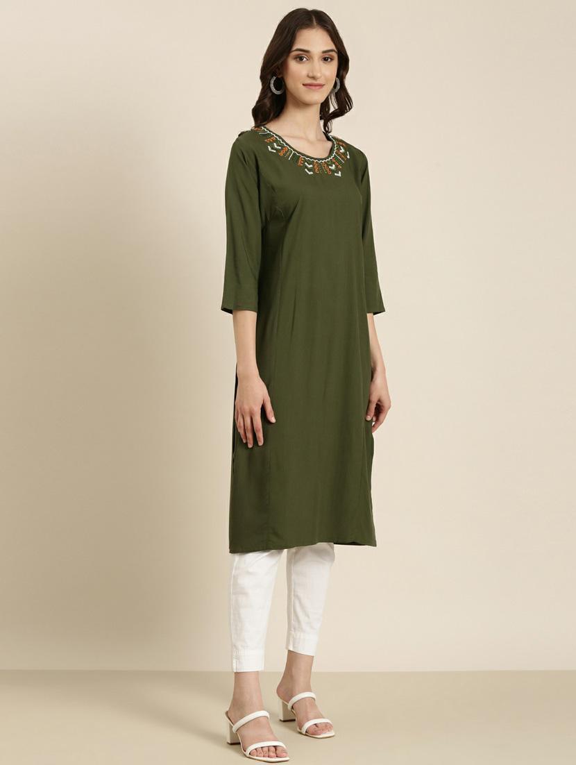 women's olive round neck straight kurta - 20252267 - Standard Image - 1