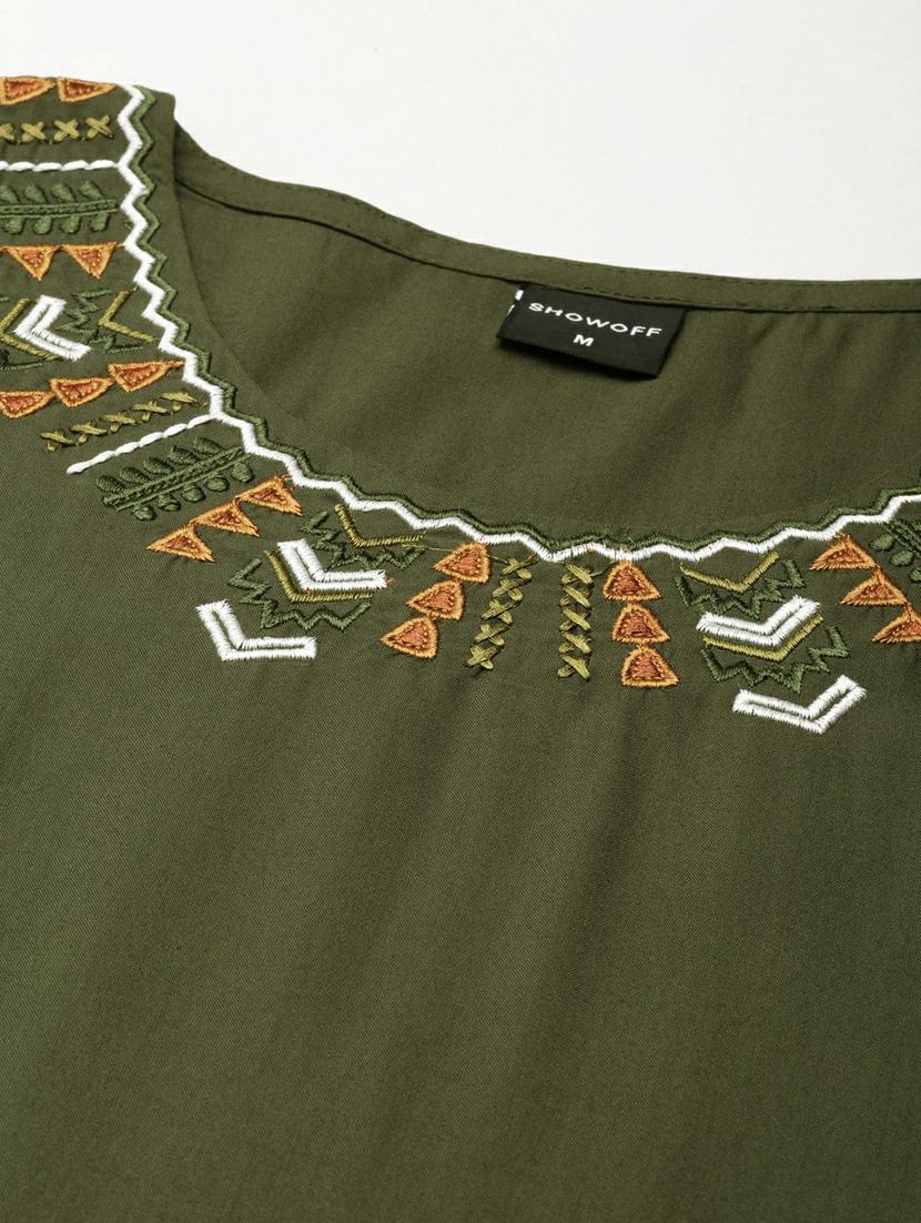 women's olive round neck straight kurta - 20252267 - Standard Image - 6