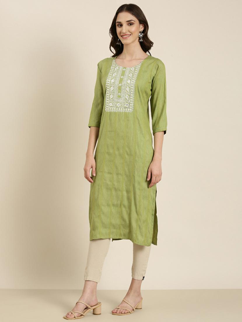women's green round neck straight kurta - 20252269 -  Standard Image - 1