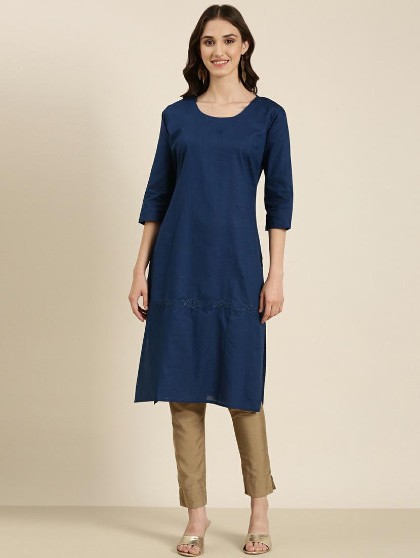 women's blue round neck straight kurta - 20252282 -  Zoom Image - 0