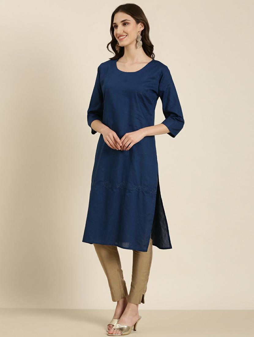 women's blue round neck straight kurta - 20252282 -  Standard Image - 1
