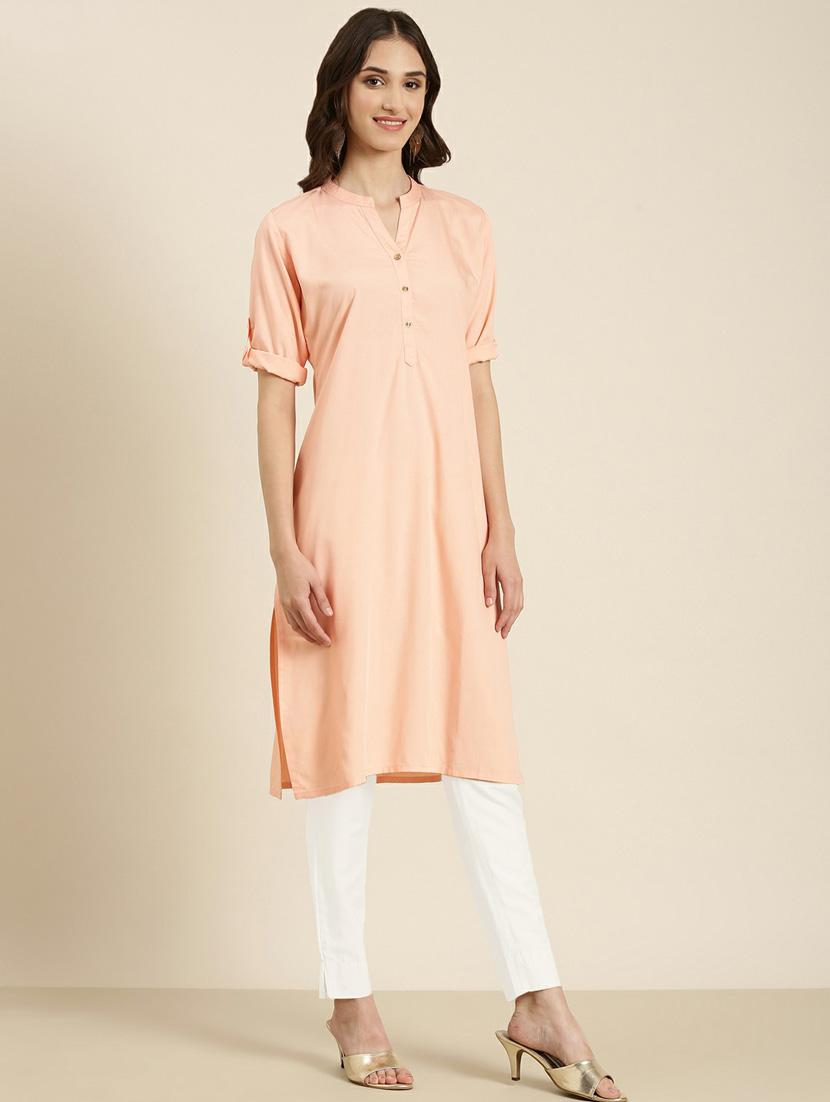 women's peach mandarin neck straight kurta - 20252283 - Standard Image - 1