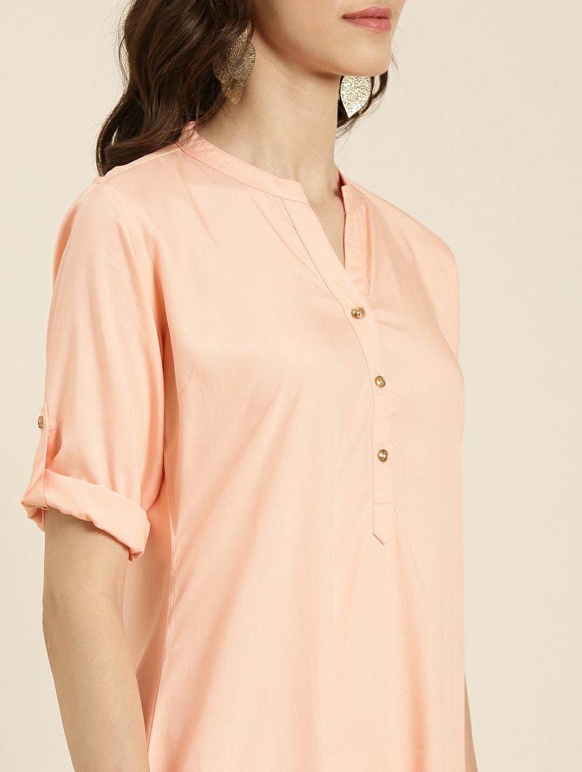 women's peach mandarin neck straight kurta - 20252283 - Standard Image - 4