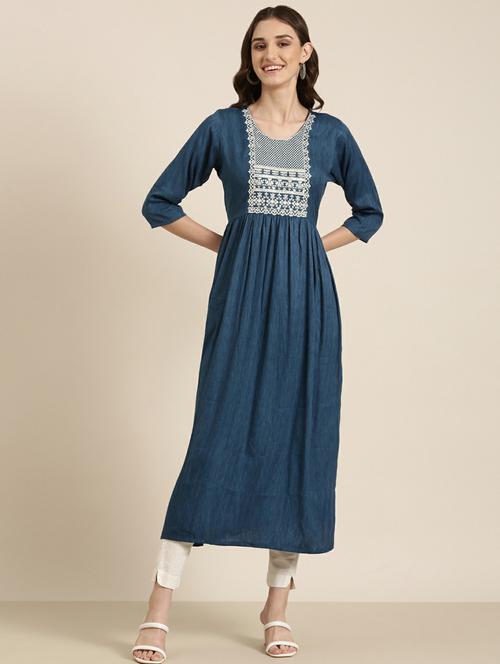 women's  blue round neck flared kurta - 20252288 -  Standard Image - 0