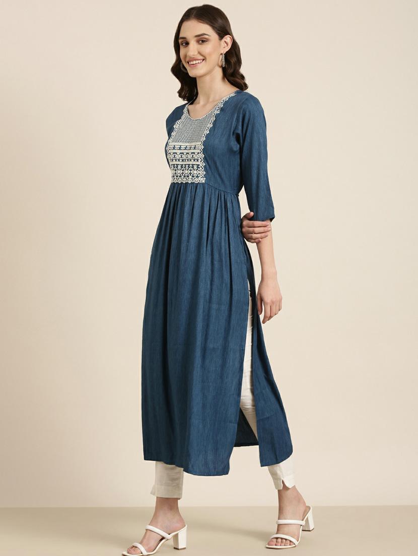 women's blue round neck flared kurta - 20252288 - Standard Image - 1