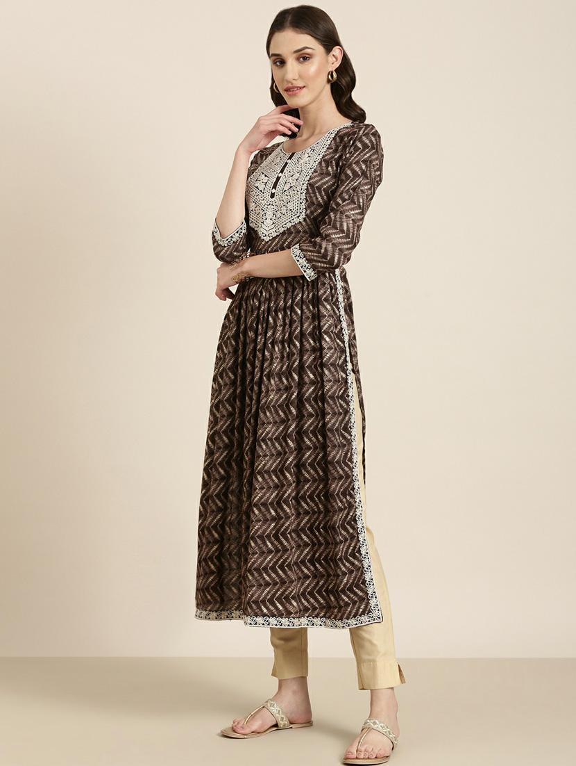 women's brown round neck flared kurta - 20252289 - Standard Image - 1