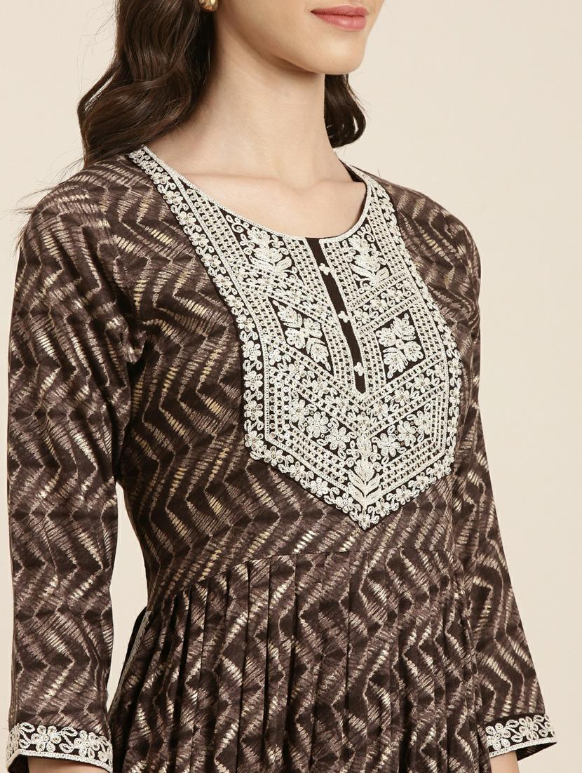 women's brown round neck flared kurta - 20252289 - Standard Image - 4