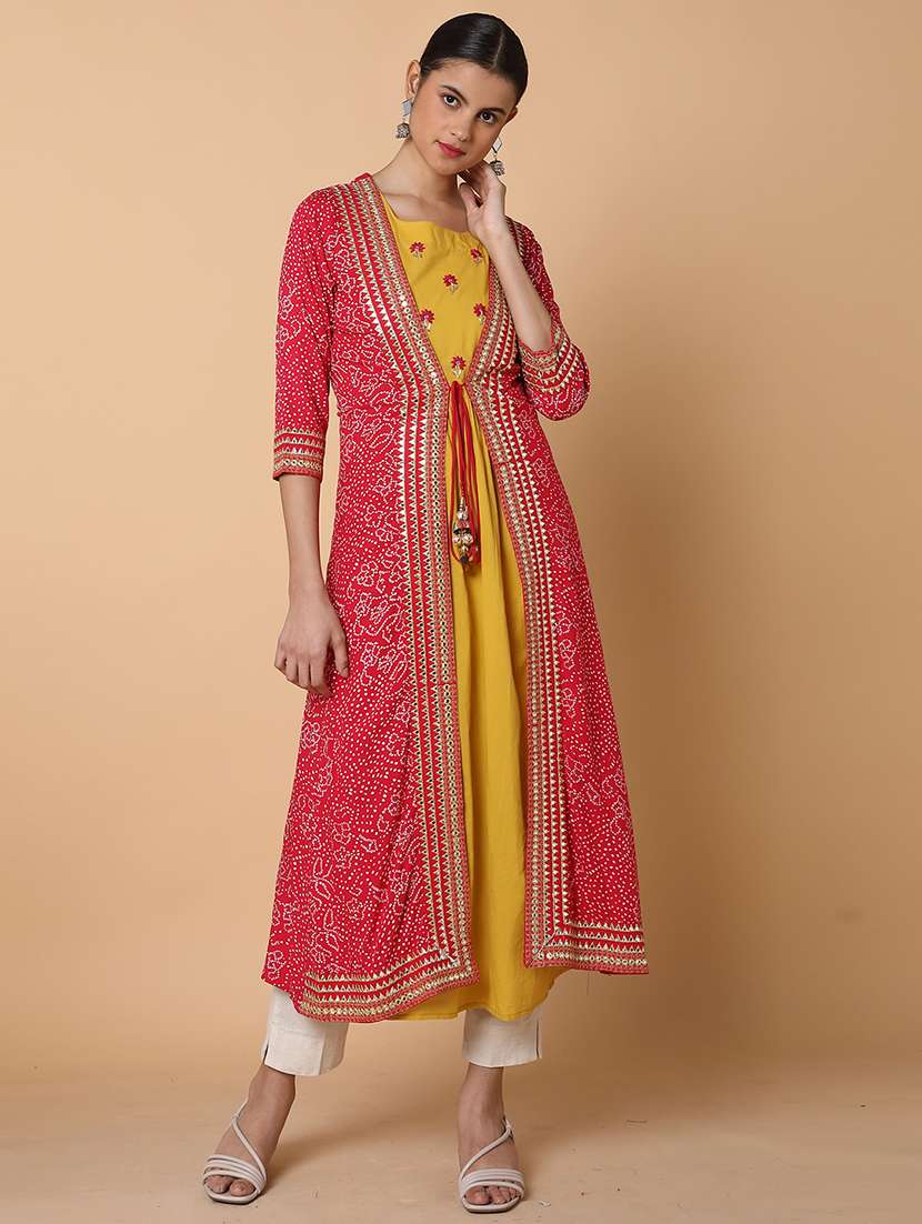 mustard embroidered cotton kurta with jacket