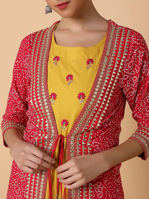 mustard embroidered cotton kurta with jacket - 20252310 -  Standard Image - 6