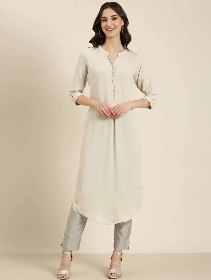 beige embellished straight kurta