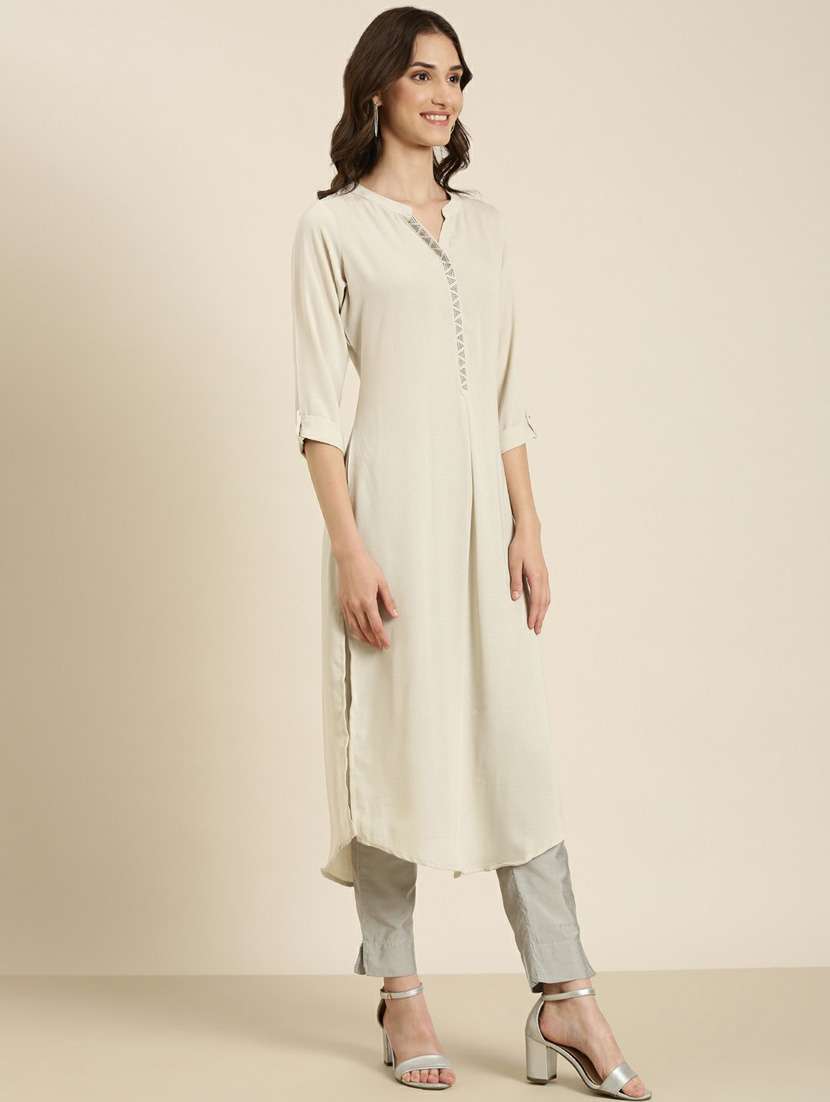 beige embellished straight kurta - 20252321 -  Standard Image - 1