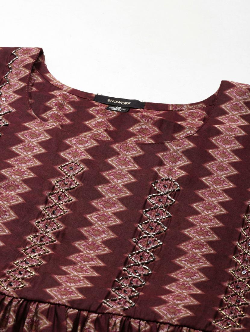 burgundy placement embroidered a-line kurta - 20252323 - Standard Image - 6