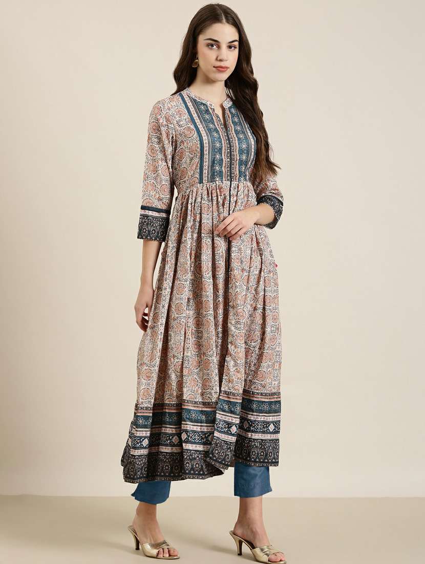 beige floral print flare kurta - 20252336 -  Standard Image - 1