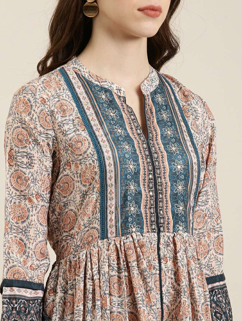 beige floral print flare kurta - 20252336 -  Standard Image - 4