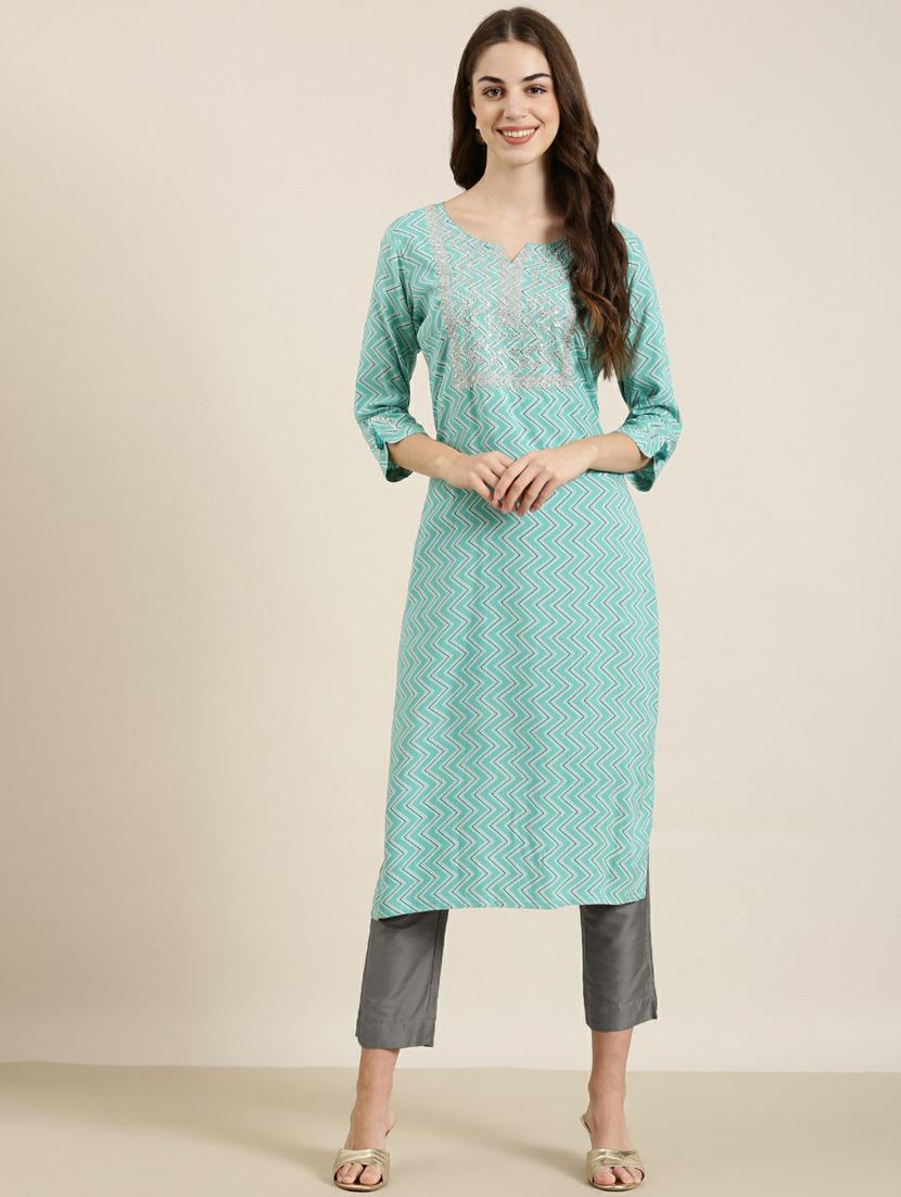 turquoise chevron cotton straight kurta - 20252356 -  Zoom Image - 0