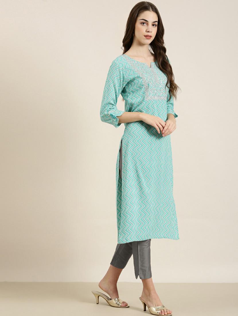 turquoise chevron cotton straight kurta - 20252356 -  Standard Image - 1