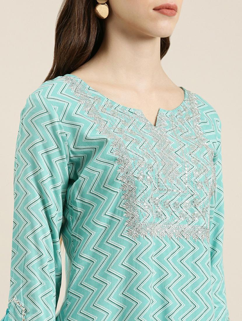 turquoise chevron cotton straight kurta - 20252356 - Standard Image - 4