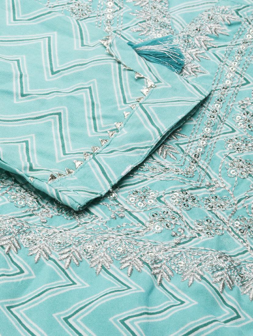 turquoise chevron cotton straight kurta - 20252356 - Standard Image - 6