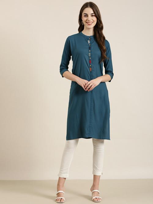 women solid with work straight kurta - 20252381 - Standard Image - 0