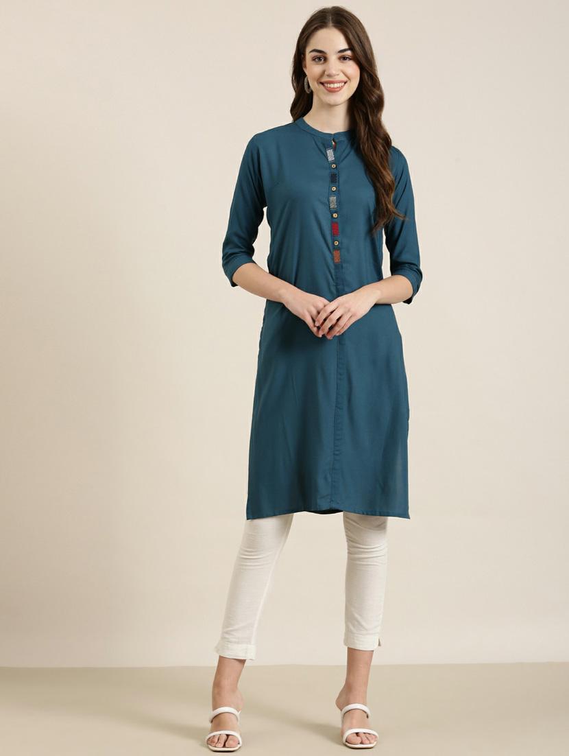 women solid with work straight kurta - 20252381 - Zoom Image - 0