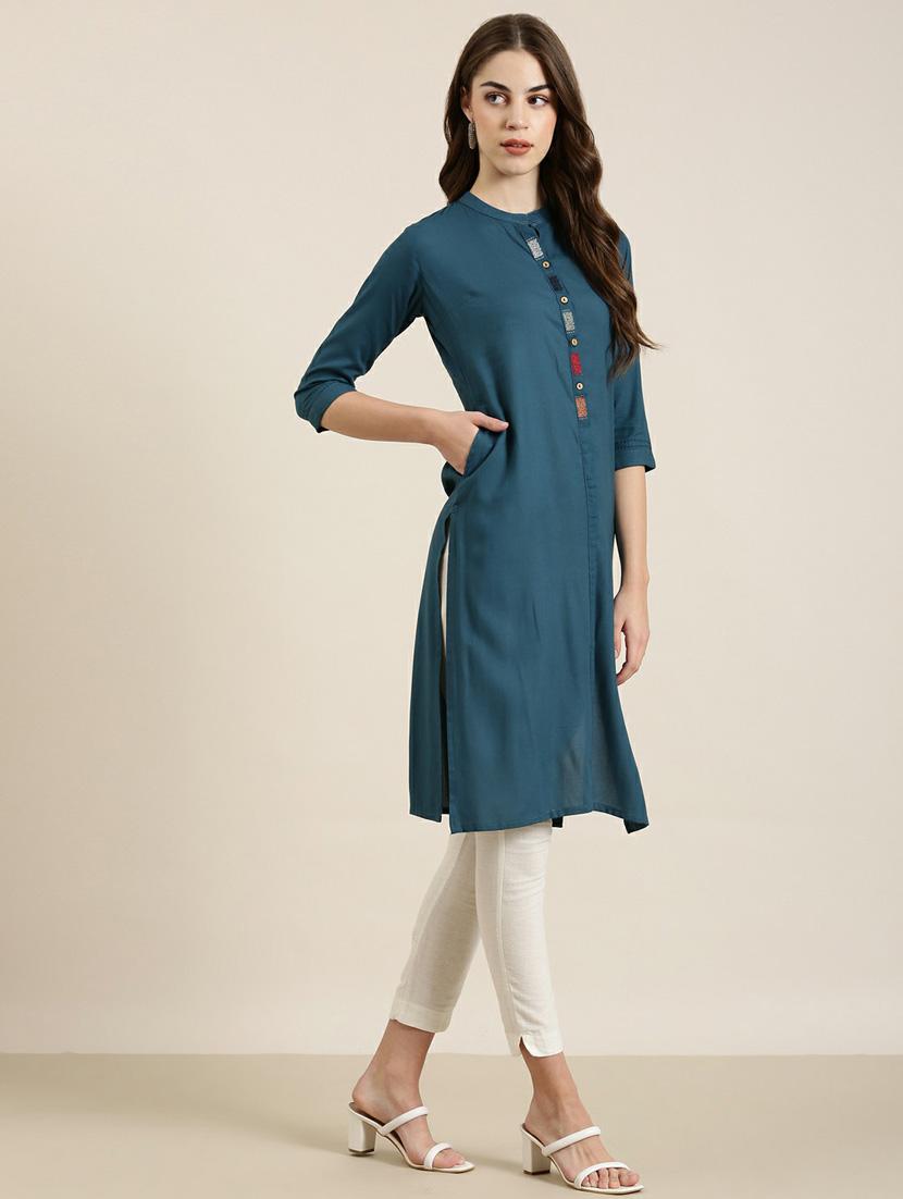 women solid with work straight kurta - 20252381 - Standard Image - 1