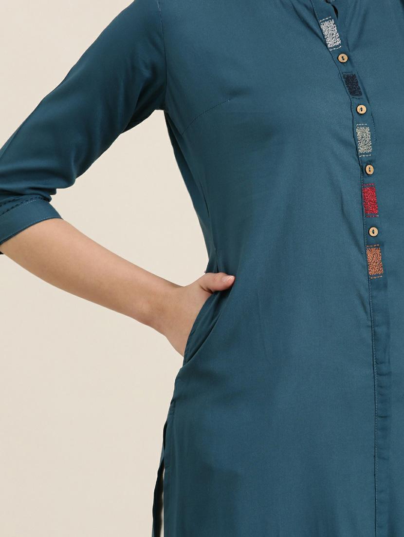 women solid with work straight kurta - 20252381 - Standard Image - 6