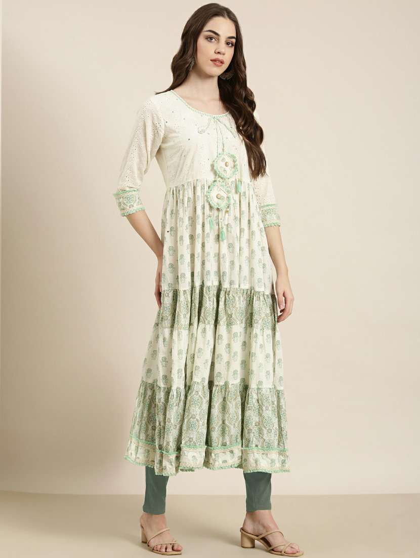 beige block print tiered kurta - 20252387 -  Standard Image - 1