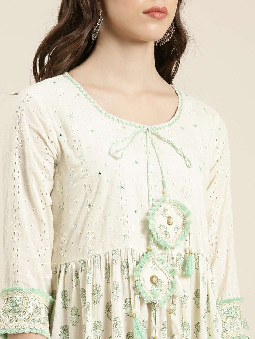 beige block print tiered kurta - 20252387 -  Standard Image - 4