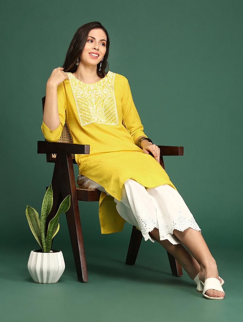 yellow yoke embroidered straight kurta - 20252395 - Standard Image - 1
