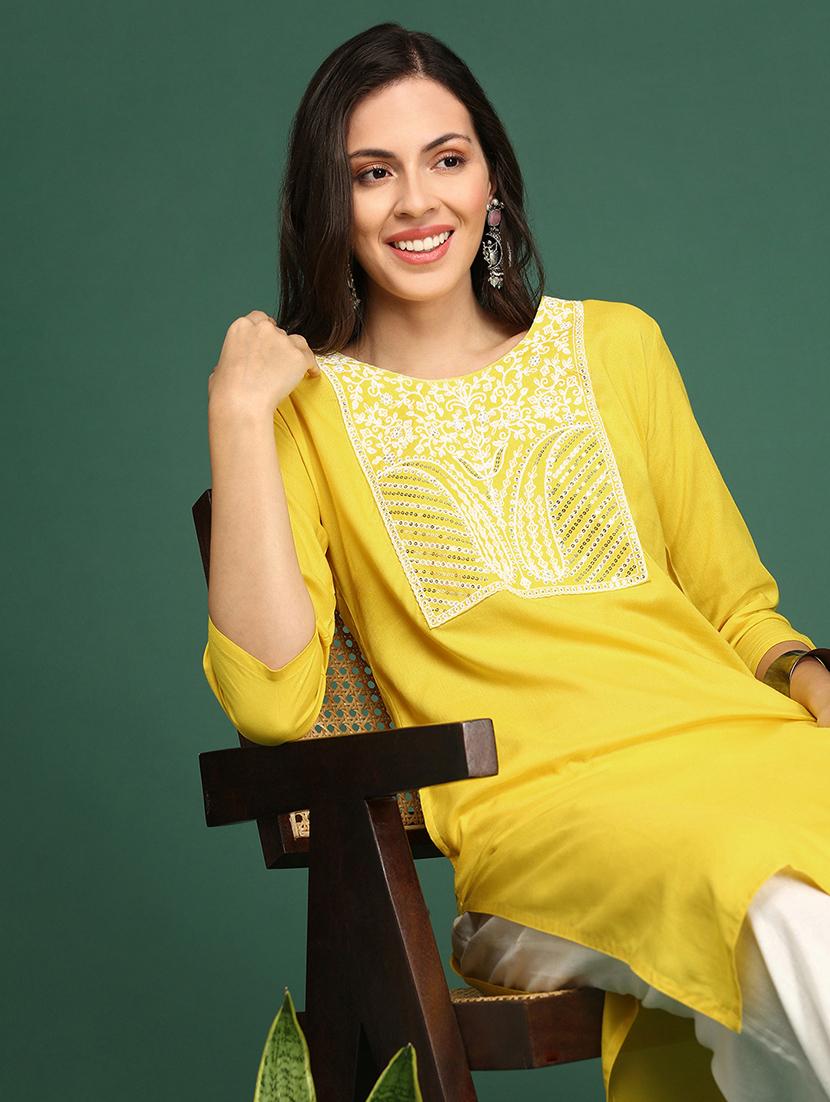 yellow yoke embroidered straight kurta - 20252395 - Standard Image - 4