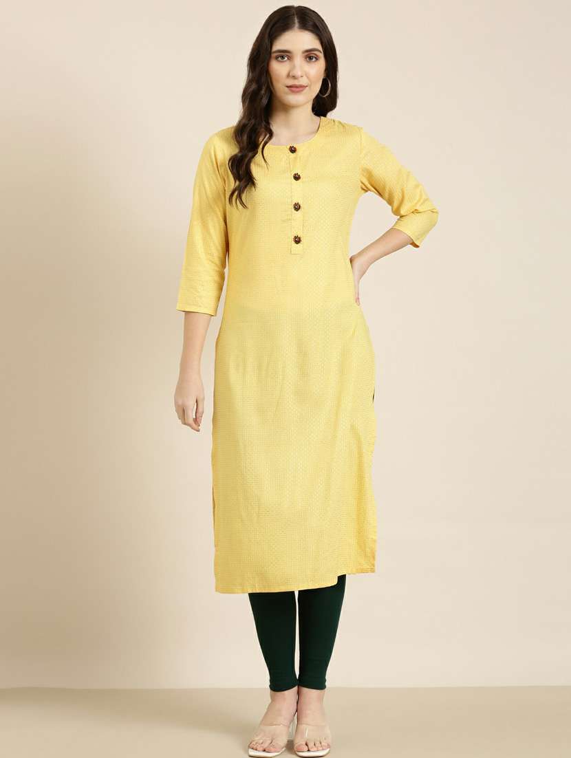 yellow printed cotton straight kurta