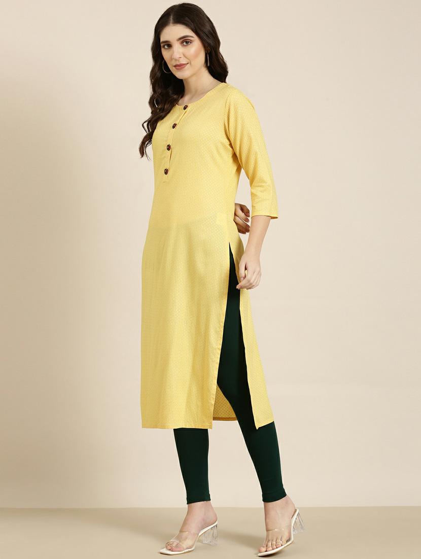 yellow printed cotton straight kurta - 20252396 - Standard Image - 1