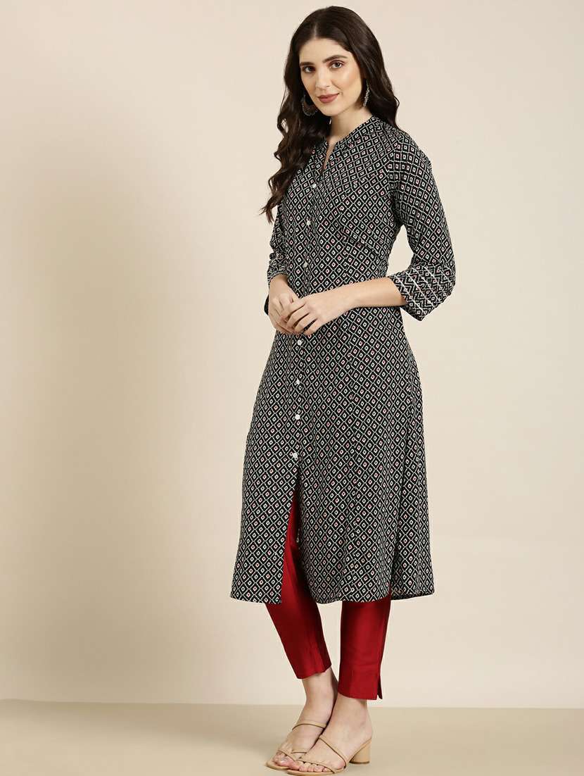black geometric cotton a-line kurta - 20252418 - Standard Image - 1