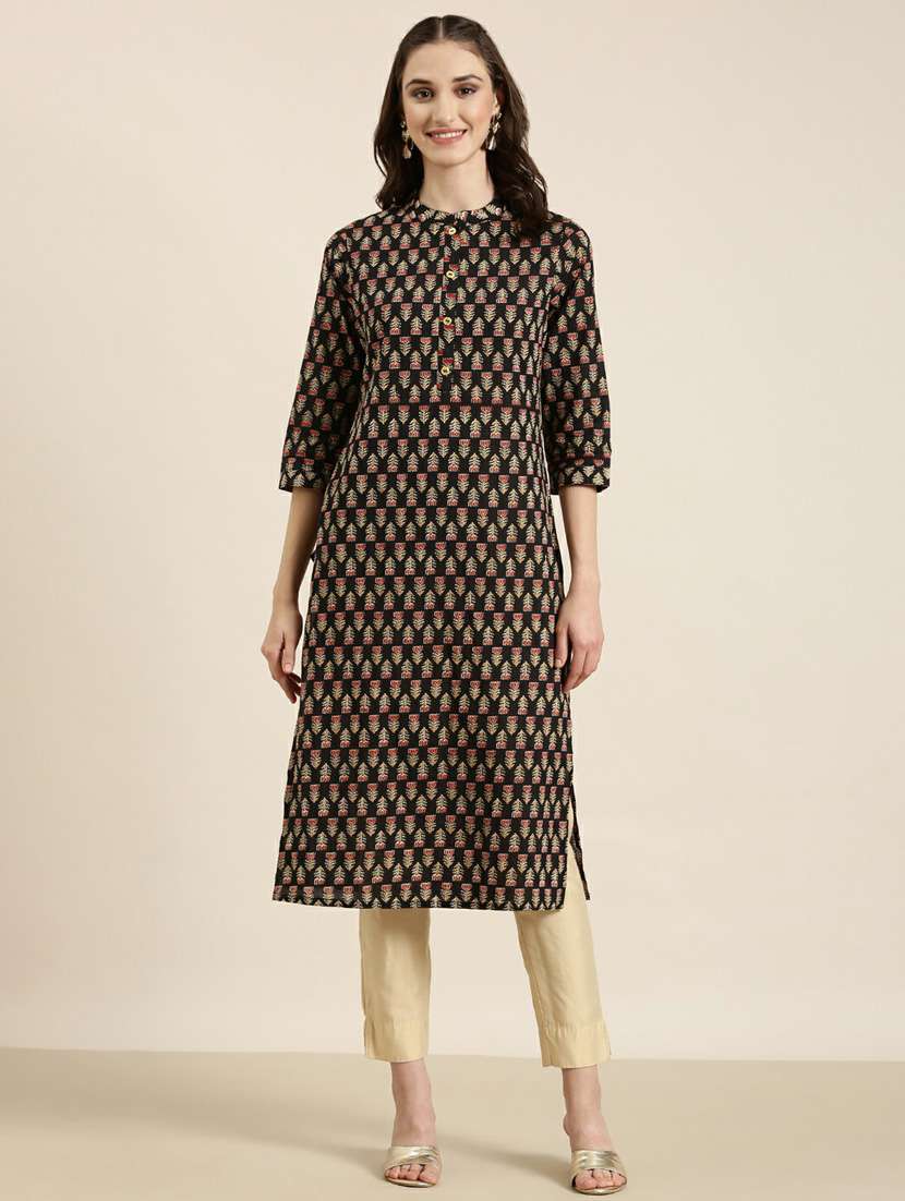 black block print cotton straight kurta