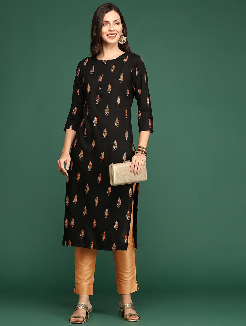 black tropical cotton straight kurta - 20252454 -  Standard Image - 1