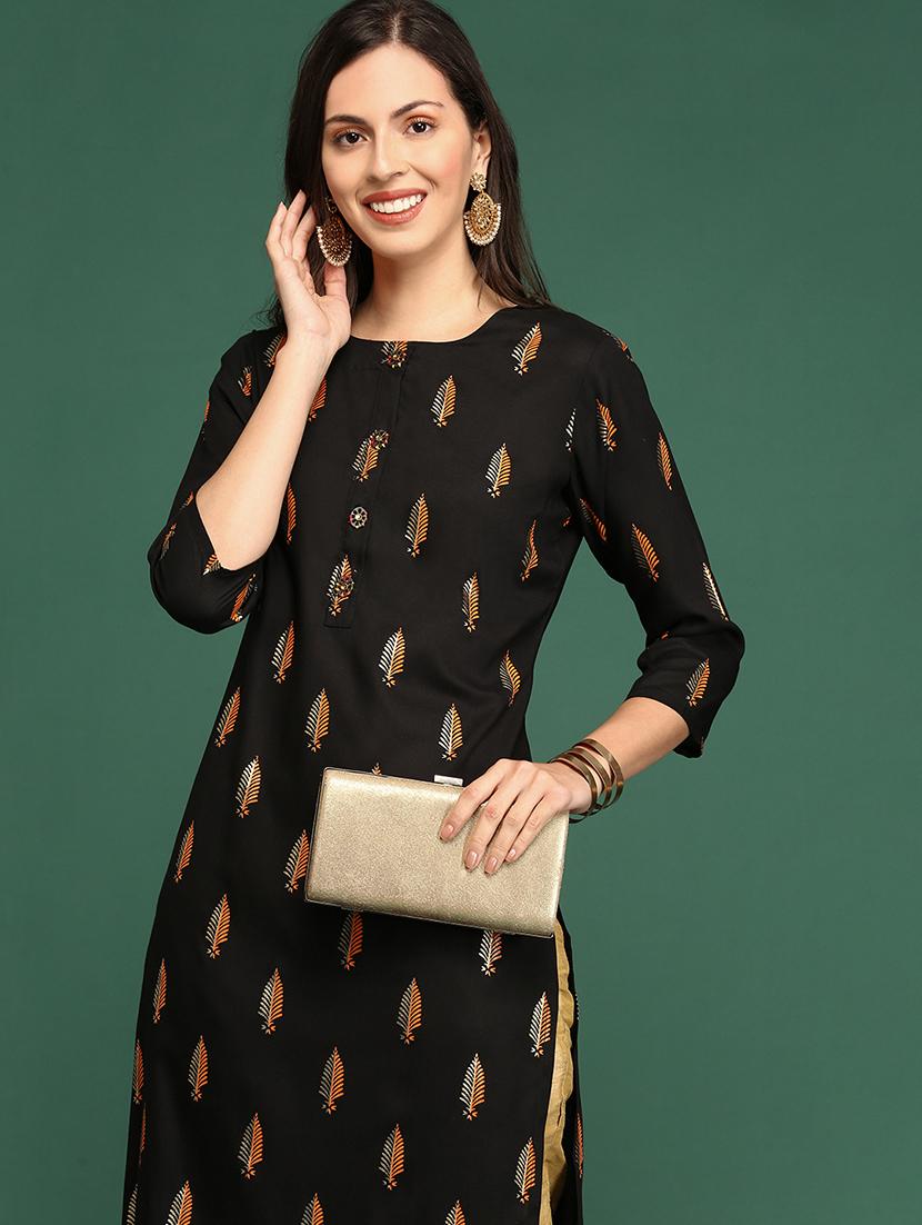 black tropical cotton straight kurta - 20252454 - Standard Image - 4