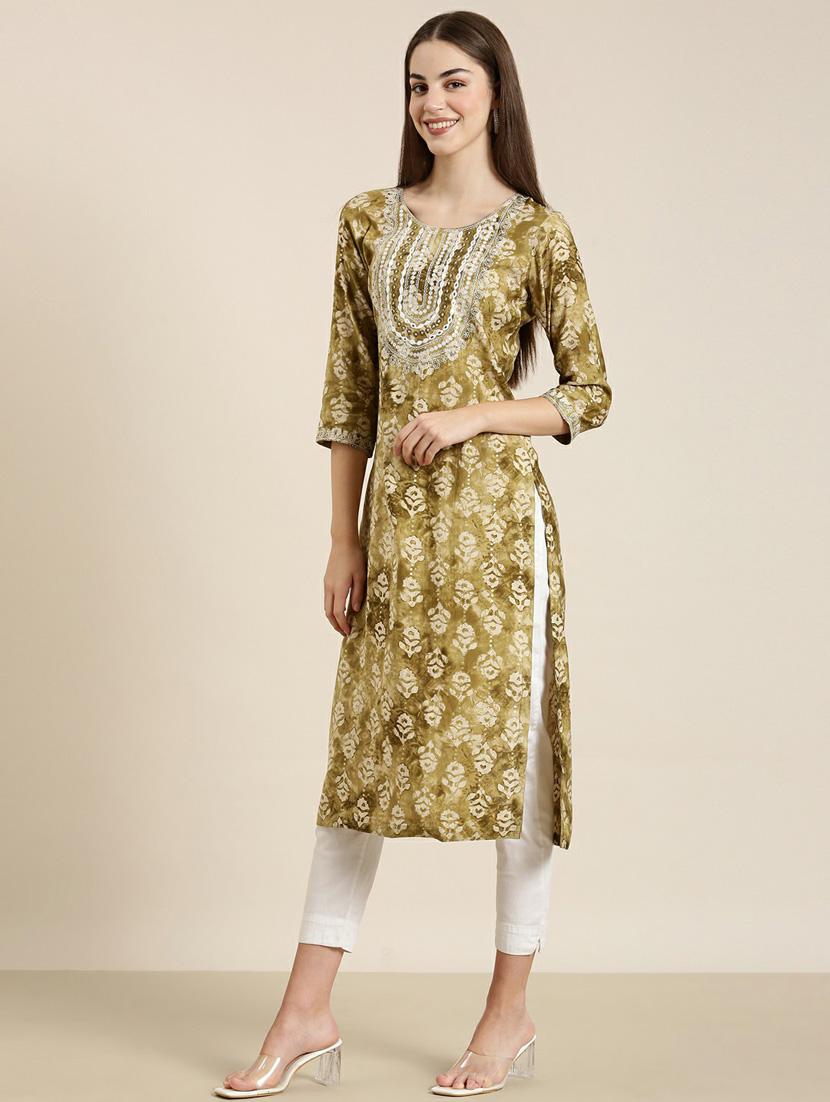 olive cotton straight kurta - 20252462 - Standard Image - 1