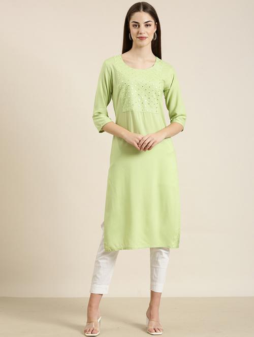 green mirror work straight kurta - 20252480 - Standard Image - 0