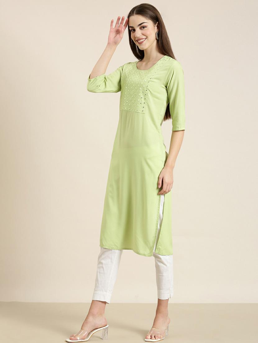 green mirror work straight kurta - 20252480 - Standard Image - 1