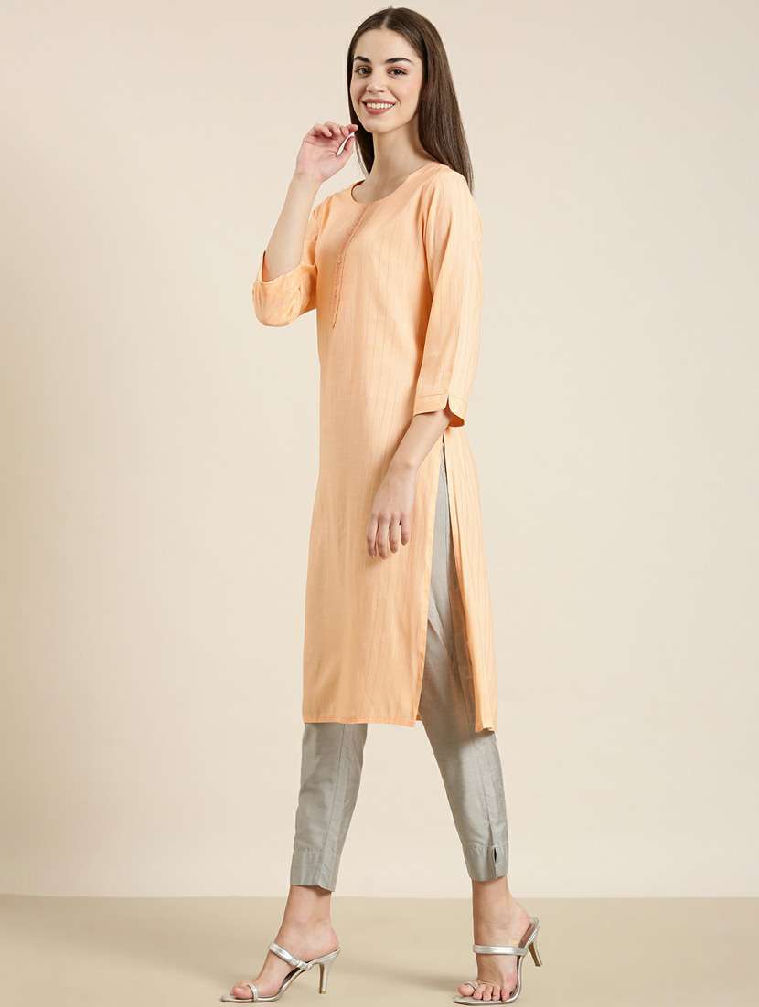women round neck striped straight kurta - 20252489 -  Standard Image - 1