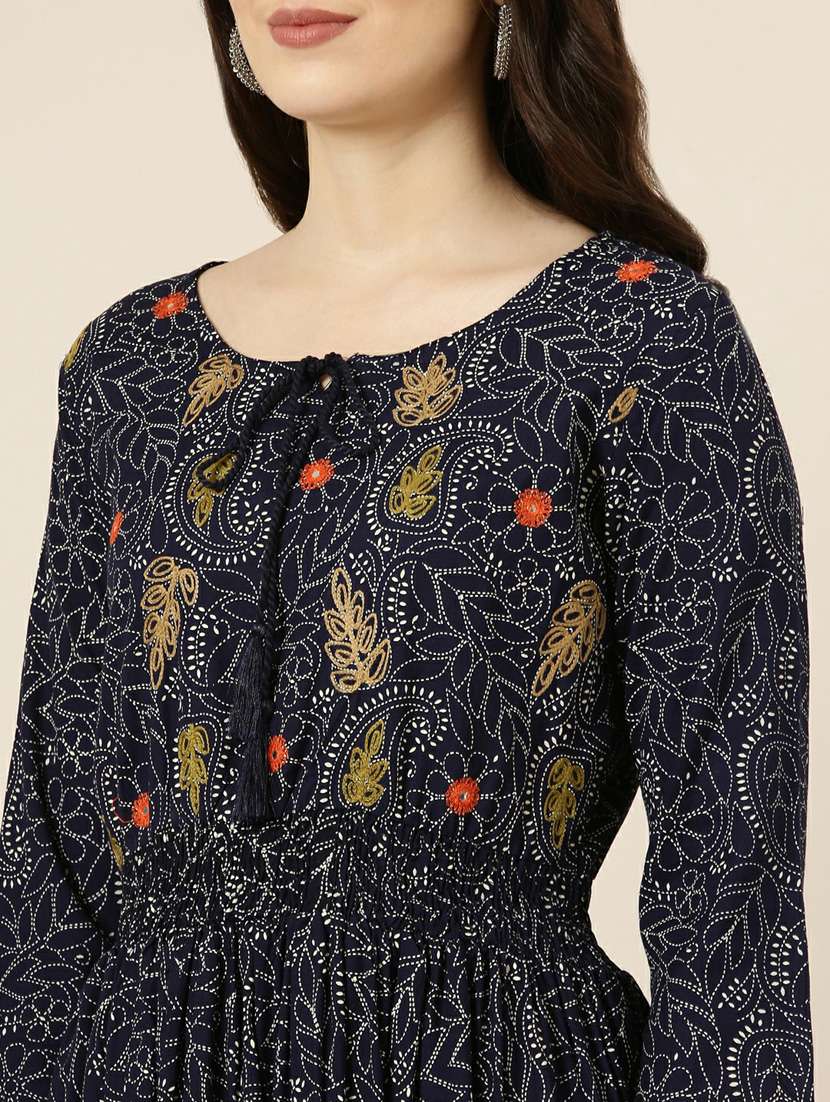 navy printed a-line kurta - 20252496 -  Standard Image - 4