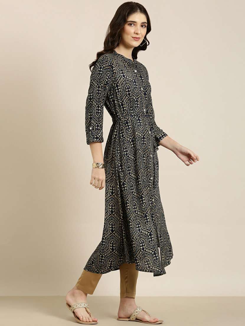 navy foil printed a-line kurta - 20252503 -  Standard Image - 1
