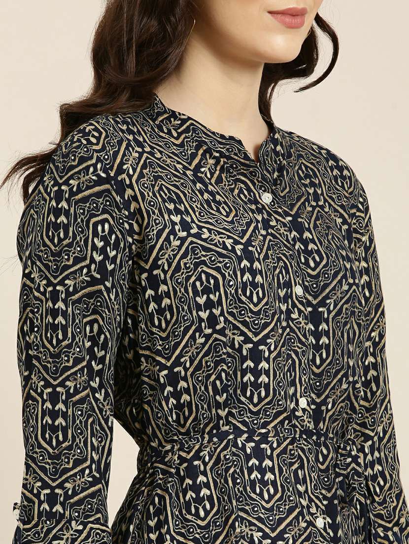 navy foil printed a-line kurta - 20252503 - Standard Image - 4